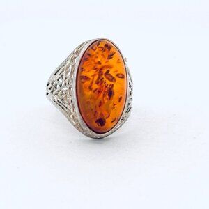 Vintage 925 Sterling Silver Baltic Amber Filigree Celtic Chunky Statement Ring